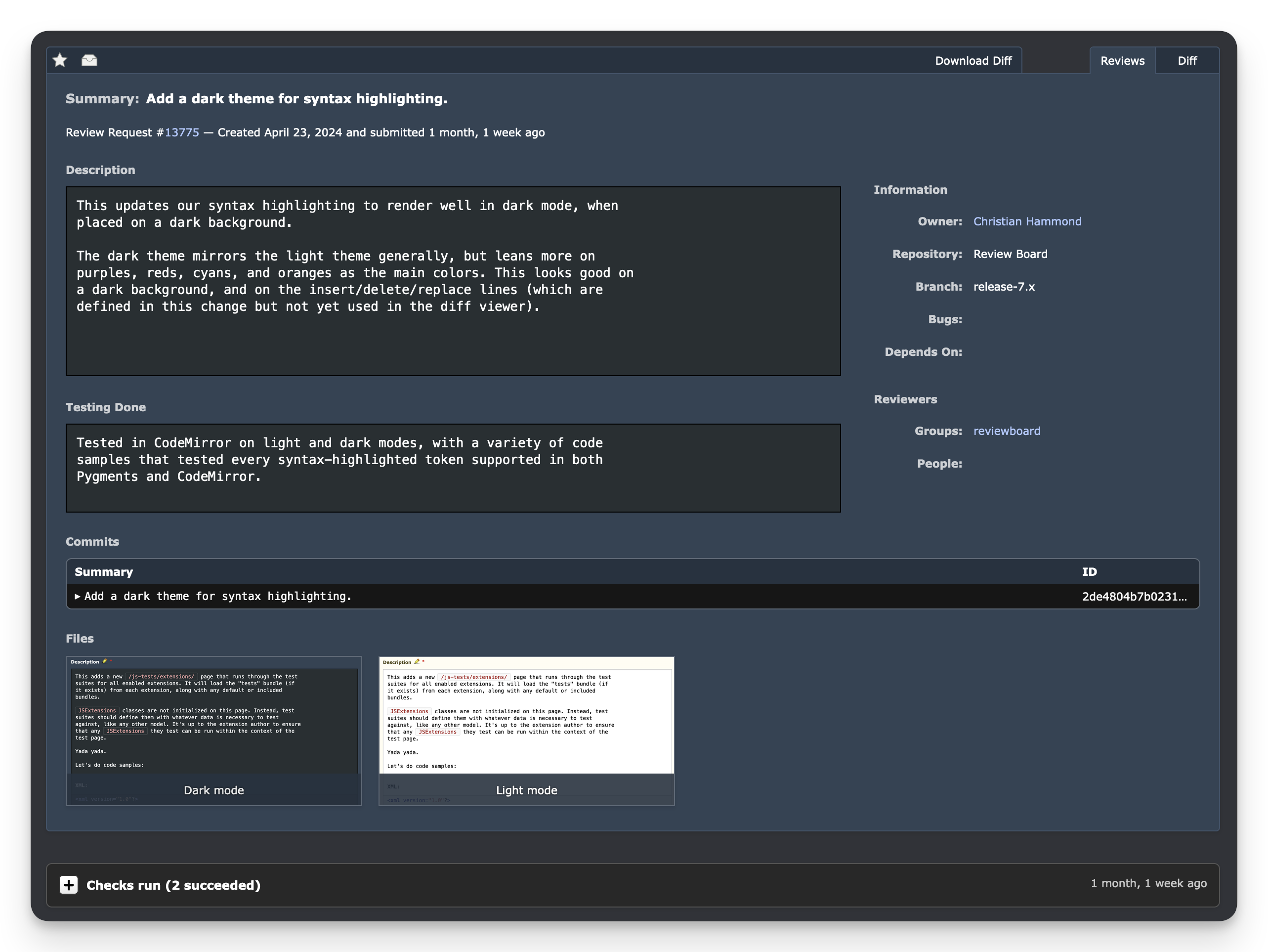 A sample review request shown in Dark Mode, with a cool-grey color scheme.